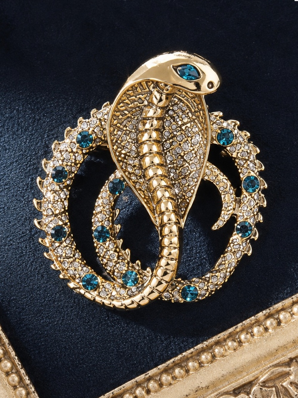 Gold Tone Cobra Snake Rhinestone Brooch with Blue Crystals Statement Pin